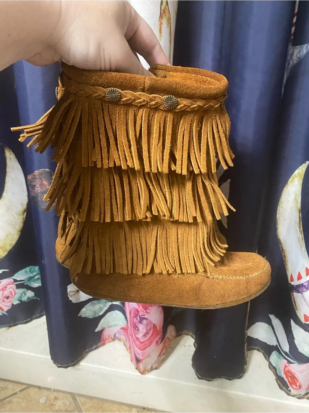 Minnetonka Girls Triple Fringe Moccasin Boot - Brown